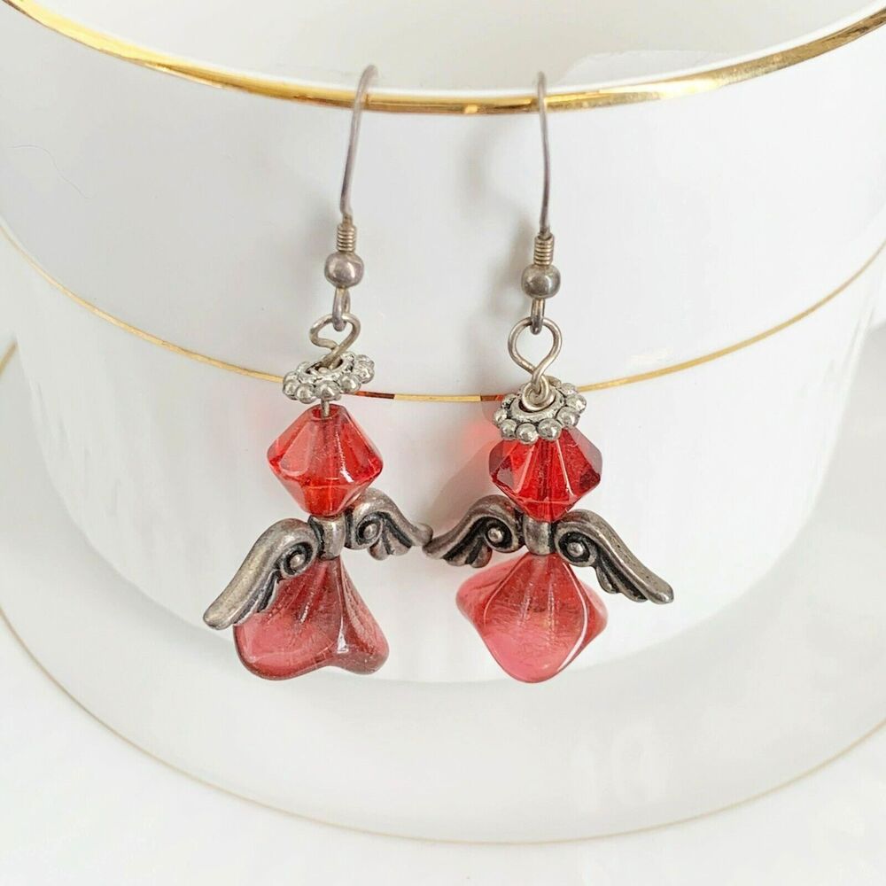 Red 3D ANGEL Beaded Dangle Earrings Handmade Artisan Antique Silver Wings Halo - Picture 4 of 6